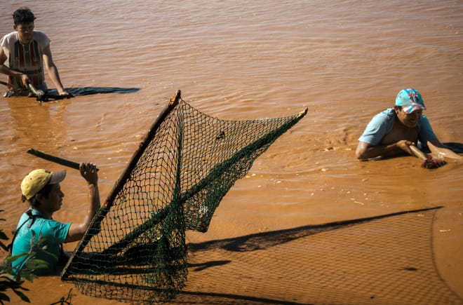 Tres personas pescan con redes tradicionales en el río Pilcomayo, en Paraguay