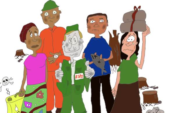 Ilustración que muestra un representante de RSPO contento con los negocios de aceite de palma, mientras personas de las comunides continúan en la pobreza