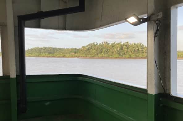 Vista de la isla Cajual desde la cubierta de un barco. Al fondo la isla cubierta de palmeras.