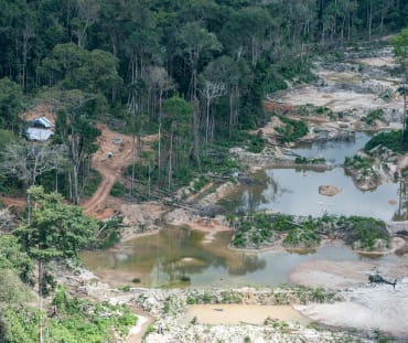 Vista aérea de minería ilegal de oro en la amazonía de Brasil