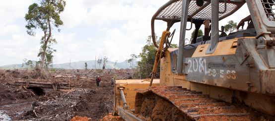 Excavadora en primer plano destruyendo la selva tropical