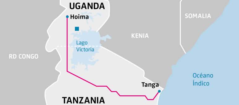El oleoducto EACOP se extenderá desde los campos petrolíferos cercanos a Hoima hasta el puerto de exportación de Tanga Mapa de Uganda y Tanzania que indica en color fucsia el trazado del oleoducto EACOP