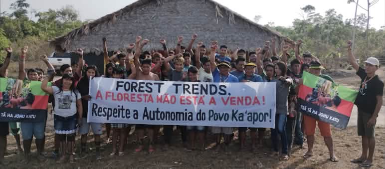 Los líderes del Consejo Ka'apor Tuxa Ta Pame se manifiestan contra la presencia de la ONG Forest Trends en el territorio Con brazos extendidos y puños cerrados, más de 30 personas Ka'apor se agrupan de pie en protesta, frente a una casa con pilares de madera y techo de paja. Algunos de ellos sostienen una pancarta con la leyenda: "Forest Trends, el bosque no está en venta.