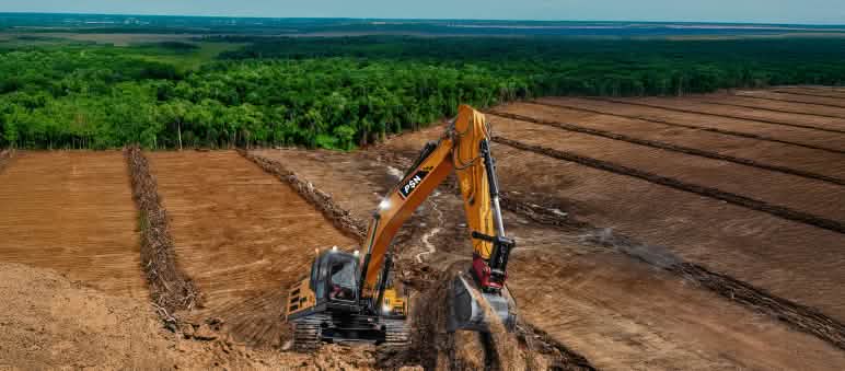 Deforestación de la selva tropical para producir azúcar y etanol (PSN Merauke) Excavadoras en terrenos deforestados. La selva al fondo está amenazada.