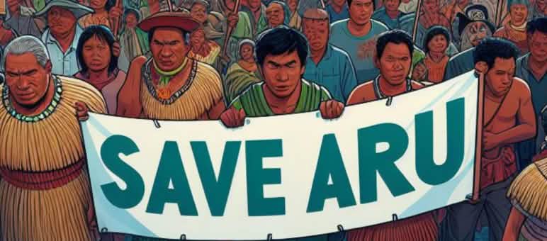 Ilustración representando una manifestación. Personas sostienen una pancarta con la inscripción «Save Aru» Ilustración de una multitud con pancartas «Save Aru», con el mar y barcos al fondo
