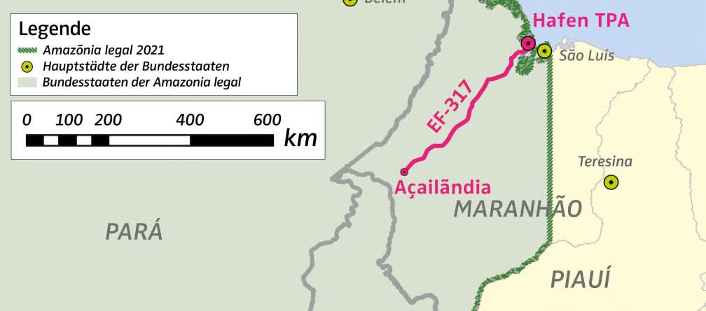 Mapa general de la región amazónica sudoriental (Amazônia legal) con la ubicación del puerto previsto y el trazado de la línea ferroviaria (con datos de IBGE y GPM) Mapa que muestra la ubicación del puerto TPA y la línea ferroviaria de mercancías EF-317 en la Amazonía legal en Brasil
