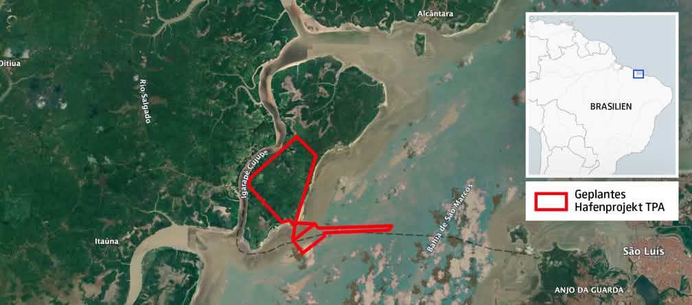 Ubicación del terminal portuario TPA en la isla de Cajual y el muelle en la bahía de São Marcos en el Océano Atlántico.La zona de mareas de la mitad norte de la isla está bordeada de manglares. Mapa que muestra la ubicación de los límites del proyecto portuario TPA