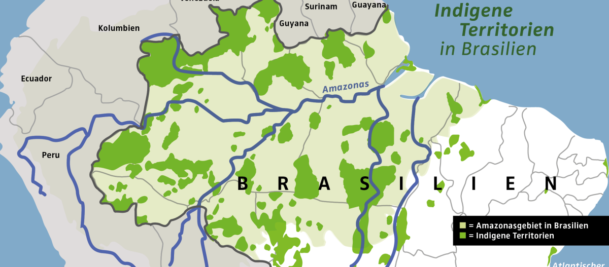 Mapa de la Amazonia brasileña con los territorios indígenas marcados en color verde oscuro