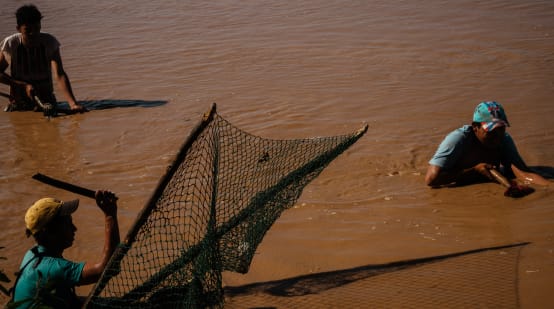 Tres personas pescan con redes tradicionales en el río Pilcomayo, en Paraguay