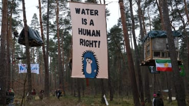 Pancarta colgante con leyenda en inglés "El agua es un derecho humano" (Water is a Human Right) pendiendo de los árboles en el campamento contra la expansión de la gigafábrica de Tesla en Grünheide