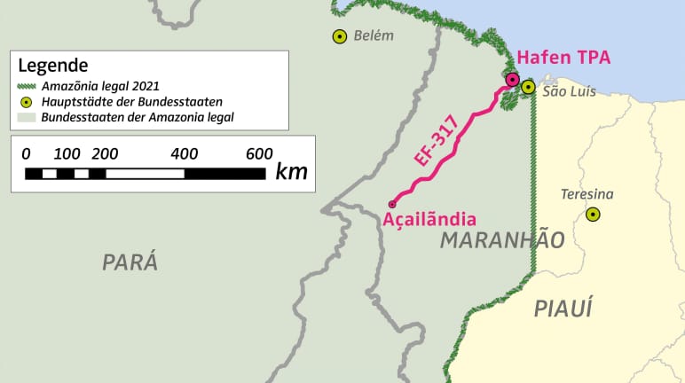 Mapa que muestra la ubicación del puerto TPA y la línea ferroviaria de mercancías EF-317 en la Amazonía legal en Brasil