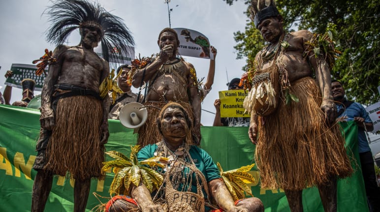 Cuatro indígenas Papúa con vestimenta tradicional sostienen pancartas de protesta