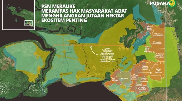 Mapa de Merauke con concesiones de tierras para la producción de azúcar y arroz