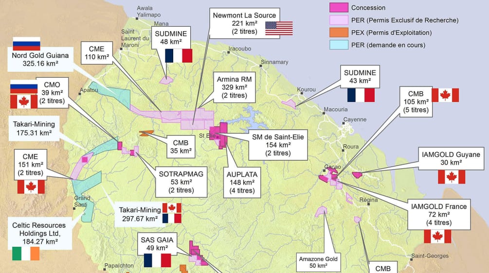 Mapa de concesiones mineras en Guayana, del colectivo Or de question
