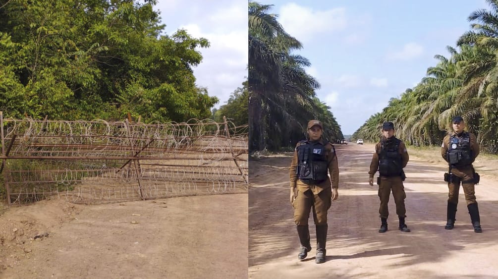 La foto se compone de dos imágenes. A la izquierda, una barricada de alambre de púas (concertinas) impide el paso en un camino de tierra. A la derecha, tres hombres de pie, uniformados y con chalecos de seguridad, de frente.