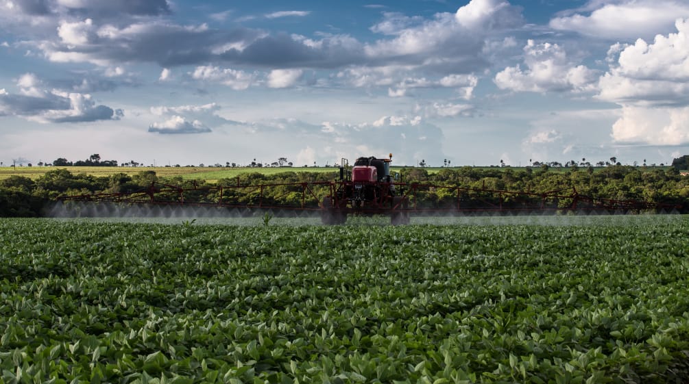 Pulverización de veneno con tractor en un monocultivo de soja