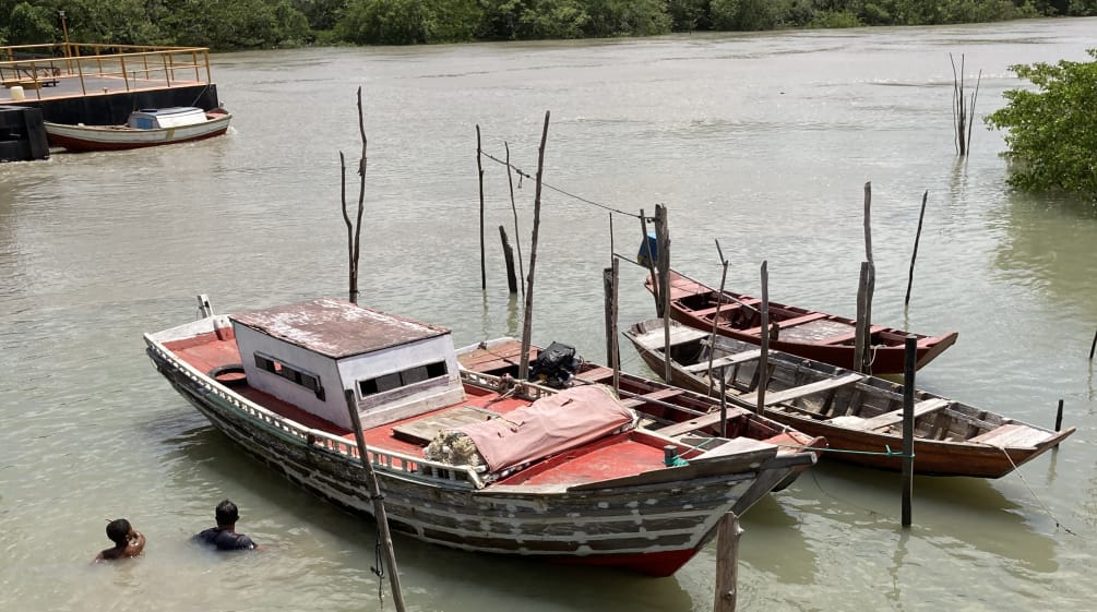 Tres barcas de pesca y dos bañistas en las aguas turbias de un manglar